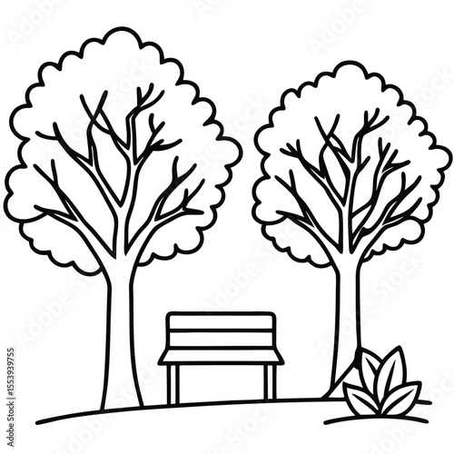 Simple line art illustration of two trees and a park bench in a natural setting