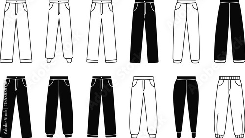 Collection of black and white line art icons representing different styles of pants
