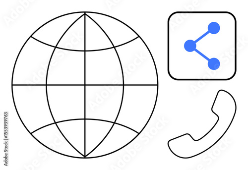 Globe outline, share icon, and telephone symbol emphasizing global communication, networking, and collaboration. Ideal for connection, technology, business, internet media interaction simple