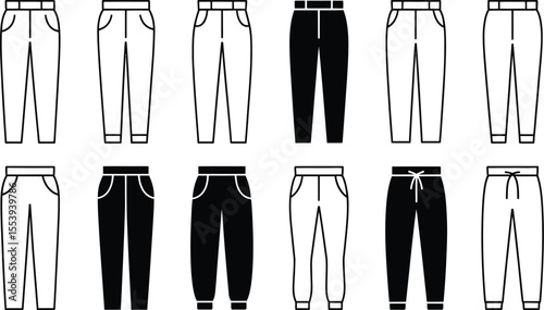 Collection of black and white line art icons representing different types of pants