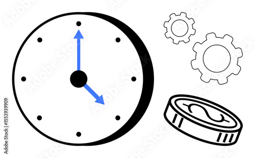 Clock with blue time arrows, gears, and a coin signifies time management, efficiency, productivity, business growth, economic value, decision-making, ideal for a simple landing page