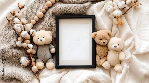 Frame mockup with teddy bears and cotton flowers for baby room decoration