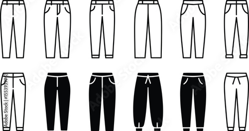 Collection of various pants and trousers icons in black and white outlines