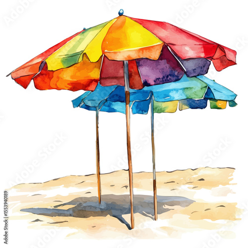 Colorful Beach Umbrellas Sea, watercolor painting vector, isolated on a white background.