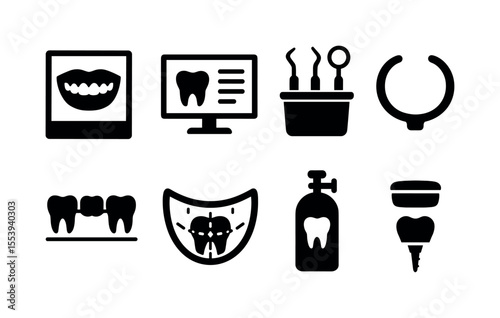 Dental solid icon set. tooth, oral health tools in a filled vector collection