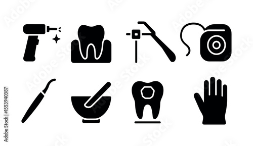 Dental care solid icon set. tooth, orthodontic tools, oral hygiene, dentist symbols