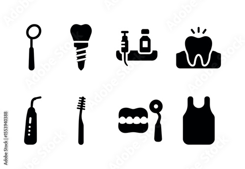 Dental and oral healthcare solid icon set. teeth, toothbrush, dentist tools collection