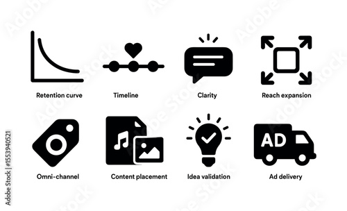 Business strategy solid icon set: retention, timeline, clarity, expansion, delivery