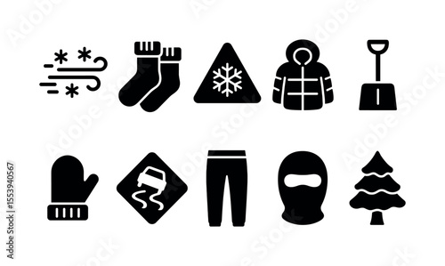 Winter safety solid icon set. cold weather, protective gear icons solid collection
