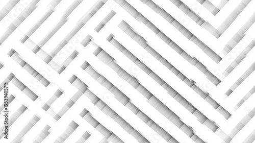 Modern architectural structure with layered white horizontal and vertical lines creating geometric pattern, casting shadows that add depth and dimension, evoking sense of minimalism