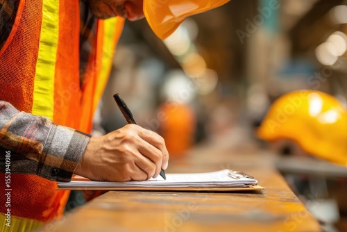 Safety officer recording on checklist during audit with blurred factory workshop in background Industrial job image Selective focus