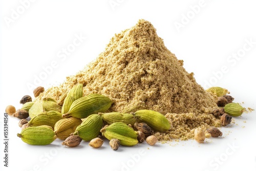 Heap of ground cardamom green pods and seeds on a white background