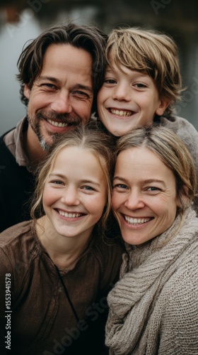 Family of four smiling together outdoors in a relaxed and joyful moment