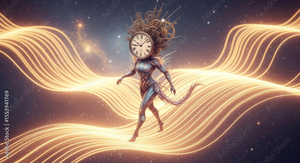 Obraz premium Clockwork woman walking on golden waves fantasy art time concept surreal clock face ai generated image