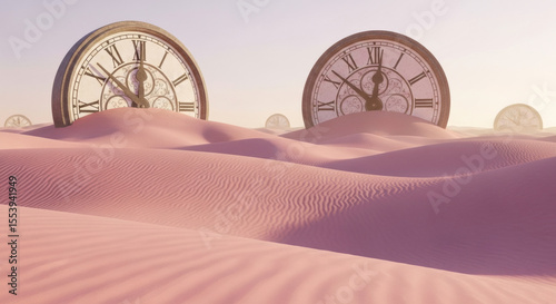 Obraz na płótnie Time sand dunes surreal landscape clocks in desert lost time concept time management surrealism art 3d render