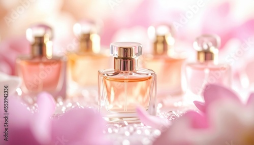 Elegant Perfume Bottles Displayed On Pink Petals