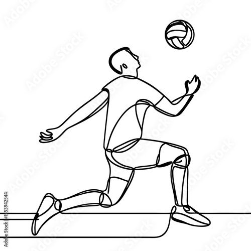 Line drawing of male volleyball player jumping to hit ball  