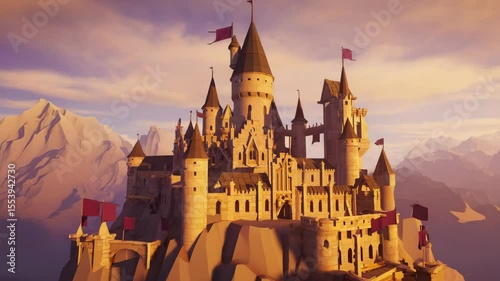 Dramatic castle animation, sweeping camera orbit around medieval stronghold lit by late sunlight, fantasy-inspired.