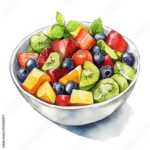 Cold Fruit Salad Bowl, watercolor vector, isolated on a white background.