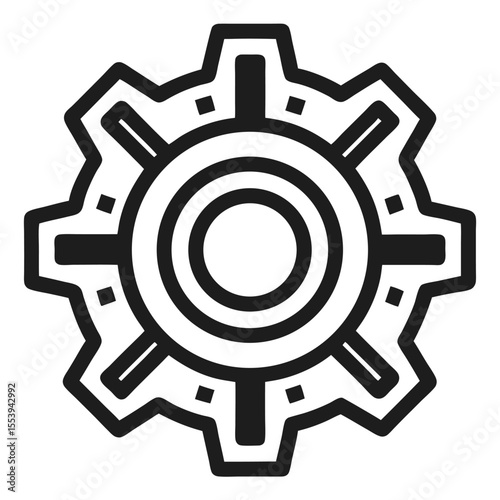 Simple black and white line art icon of a gear on a clean white background