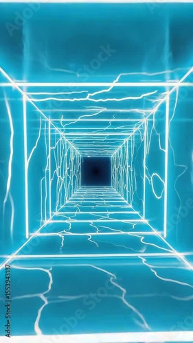 A high-contrast electric tunnel animation with strobe-like lines and bright electrical pulses flowing inward in an endless, energetic loop.