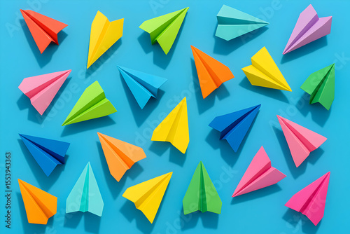 Colorful paper airplanes scattered on a vibrant blue background