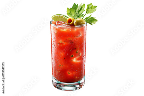 A glass of red drink with a garnish of parsley and olives