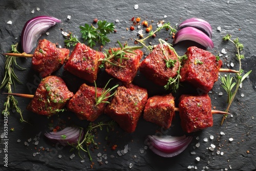 Tender kofta kebab chunks seasoned with spices perfect for grill lovers wanting to enhance their barbecue skills Grey backdrop Aerial view