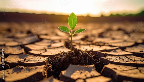 Resilient Sprout In Cracked Earth At Sunrise