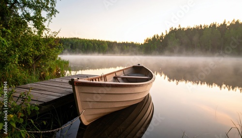 Wooden Boat Docked At Sunrise Lake