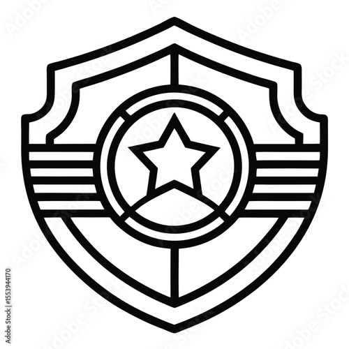 Simple black and white line art safety badge icon with red and blue accents