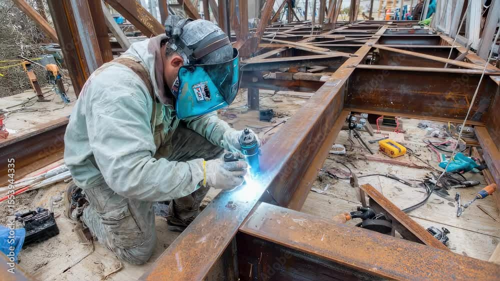 Construction worker wearing protective gear and welding steel beams on a building site, creating strong and durable framework for future structure