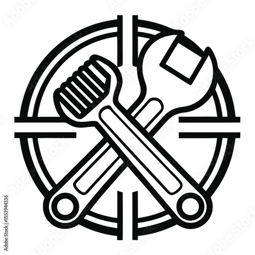 Simple line art icon of a spanner held by a hand in black and white