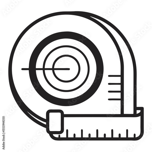 Simple black and white line art icon of a tape measure for design projects