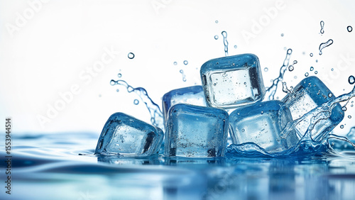 Clear ice cubes, splashing in blue water. Isolated on a white background for versatile use in beverage or cooling concepts.