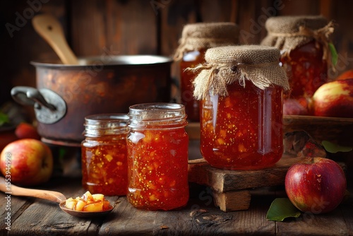Making jam involves boiling apple mixture and sealing it in jars for later use Display includes apple jam fresh apples jars and a saucepan with diced apples on a wooden surface
