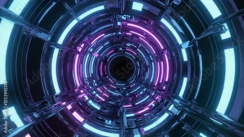 Futuristic rotating portal tunnel, glowing concentric rings with neon lights pulsing in a continuous loop, high-tech sci-fi design.