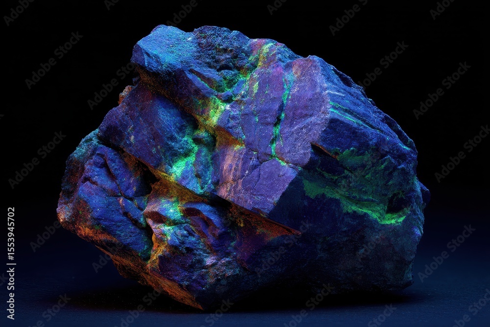 Fototapeta premium MUSEUM MINERAL SERIES Ultraviolet illuminated uranium ore meta autunite from Assuncao mine Ferreira de Aves Portugal Measures 4cm