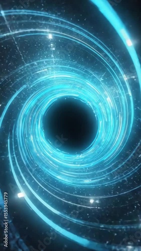 An immersive holographic tunnel animation, combining layered transparency, soft blinking particles, and concentric energy rings in a smooth sci-fi loop.