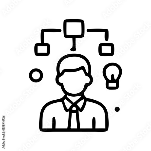 Businessman with interconnected ideas and a lightbulb, symbolizing innovation and problem-solving.