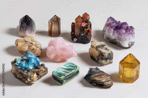 Minerals gathered on a light backdrop