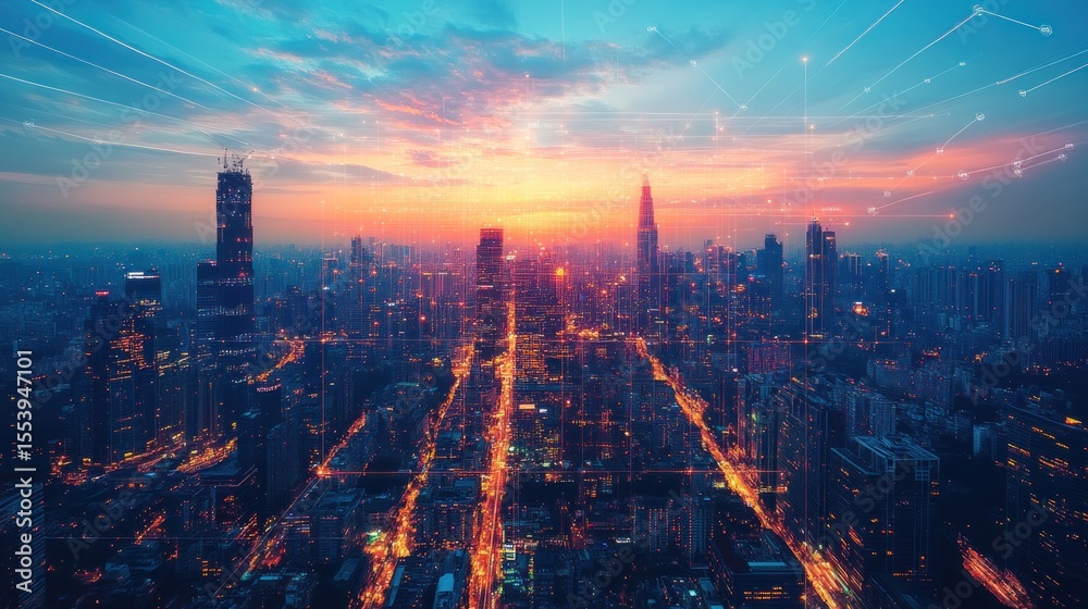 Fototapeta premium illuminating cityscape tapestry under a vibrant sunset sky showcasing urban density with digital network lines weaving through the skyline symbolizing connectivity and technological advancement