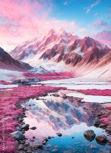 Snowcapped Mountains in Pink and Blue Tones Reflected on Calm Water