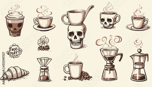 Collection of Vintage Coffee and Skull Illustrations with Steaming Beverages