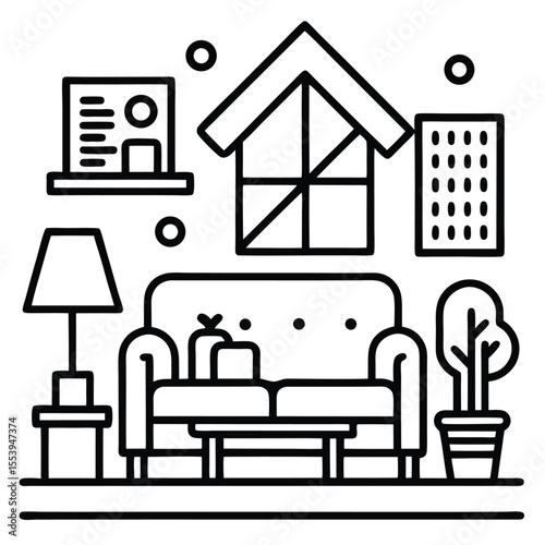 Clean black and white line art icon of a cozy living room interior