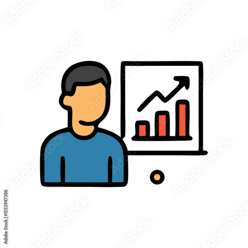 Illustration of a person presenting a bar graph with an upward trending arrow, indicating growth.