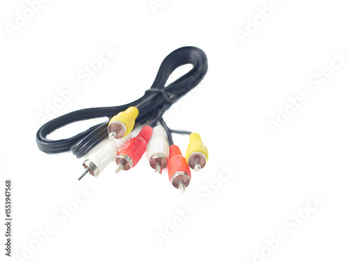 RCA cable with red, yellow, and white connectors, used for audio and video connections, isolated on a white background.