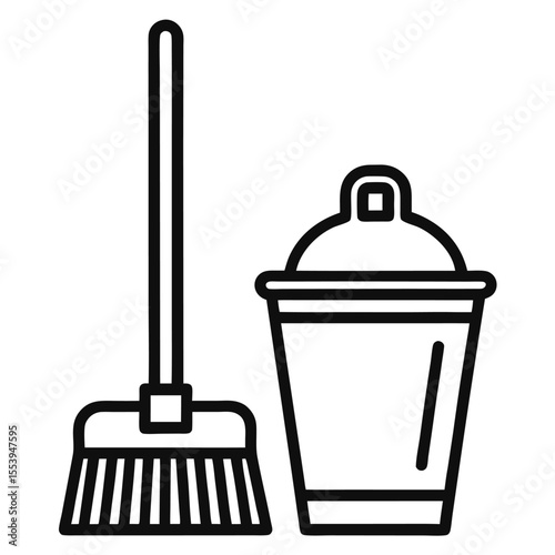 Simple black and white line art icon of a mop and bucket for cleaning services