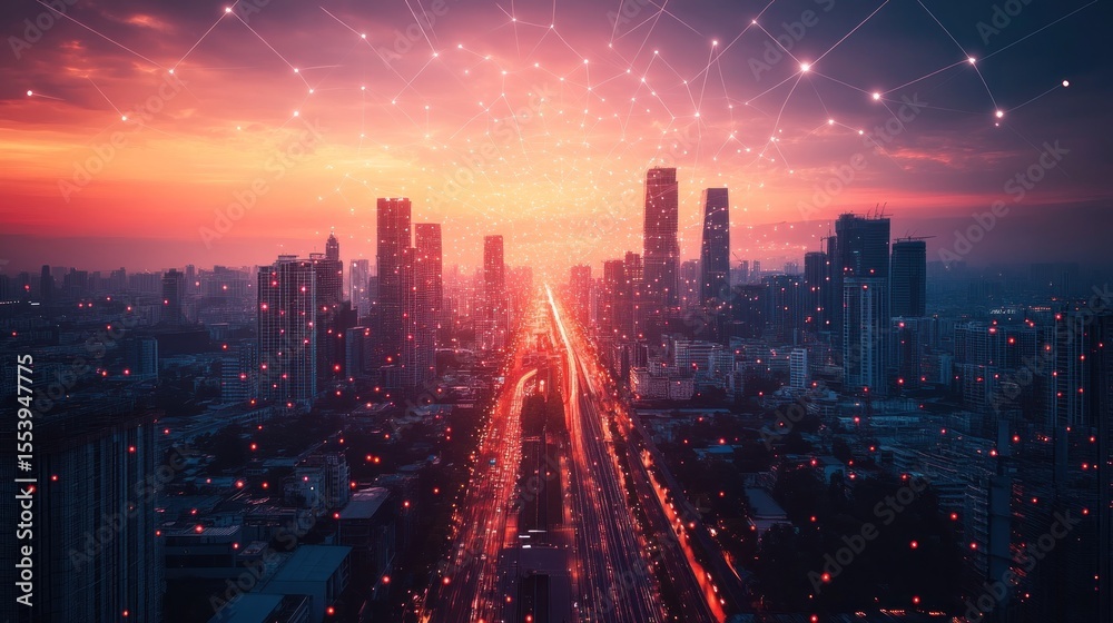 Fototapeta premium aerial perspective of a connected city at sunset showcasing the infrastructure and network with glowing elements conveying advanced technology and urban connectivity