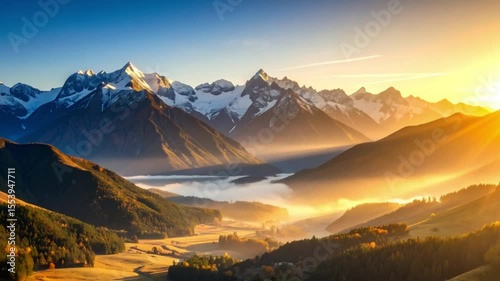 Sunrise over valley, snowy mountain range, autumnal forest, morning mist, scenic wallpaper